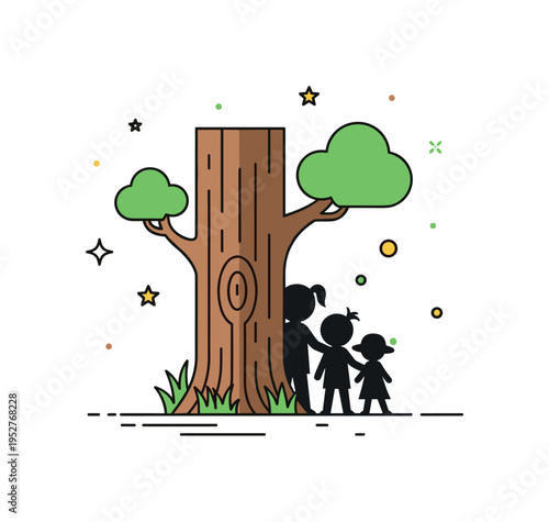 Children outdoor adventure theme featuring a large tree trunk and small figure silhouettes partially visible behind it, symbolizing playful strategy and
