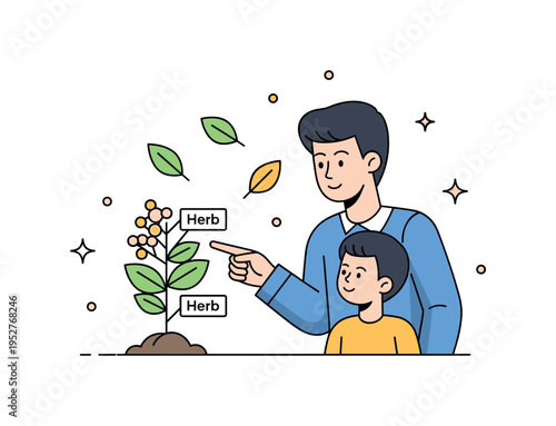 Learning about plants adult pointing at labeled herb while child observes with curiosity, small leaf icons floating nearby. A compact visual metaphor for
