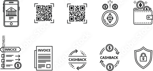 Digital payment and finance icon set including QR code invoice cashback wallet security vector outline illustration minimalist isolated design