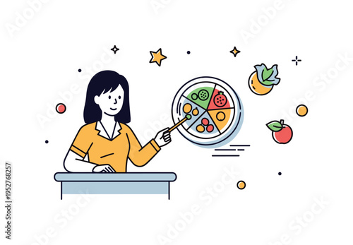 Nutritional counseling session with a simple desk setup featuring a nutritionist silhouette pointing to a balanced plate chart. The composition conveys