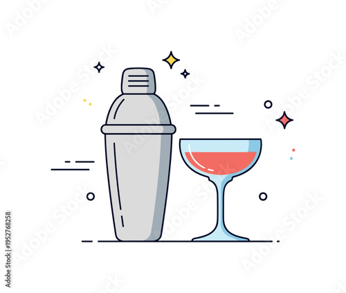 Signature drink creation cocktail shaker beside a filled coupe glass with subtle motion lines and small sparkle accents, symbolizing mixology artistry and