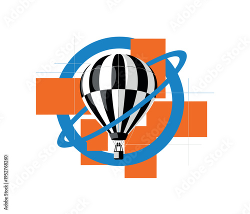 Black and white hot air balloon floating in open sky, oversized blue circular ring enclosing the balloon, orange rectangular panels layered asymmetrically
