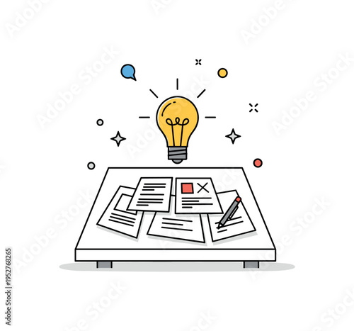 Collaborative workshop brainstorming concept featuring a simple table with scattered sketch papers and a glowing lightbulb icon rising above them. A dynamic
