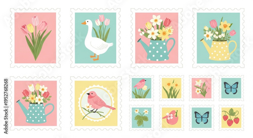 Vintage Style Pastel Postage Stamps with Flowers, Butterflies, and Strawberries