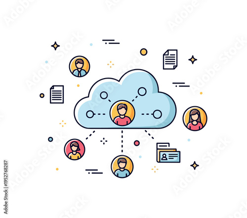 Cloud file sharing collaboration shown as a central cloud with small user avatars connected by dotted lines, symbolizing teamwork and shared access