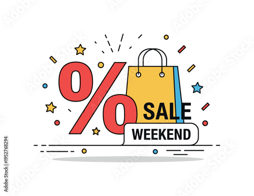 Seasonal sale weekend featuring a bold percent symbol paired with a shopping bag and small confetti accents to highlight limited-time discounts and special