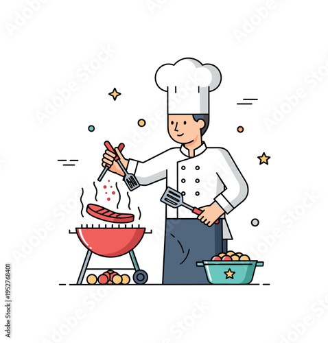 Chef seasoning and basting meat over a smoky grill with utensils in hand, demonstrating technique, precision, and passion for barbecue cooking. Minimalist flat