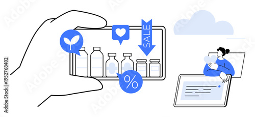 Online shopping concept. Digital shelf with product display, discount tags, and customer interaction. Online shopping streamlining e-commerce and customer engagement. For retail, technology