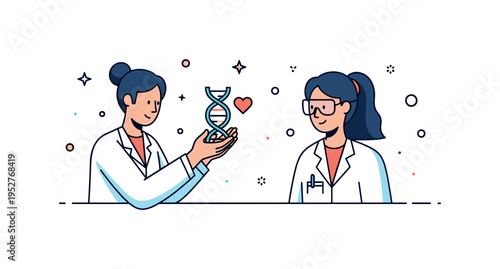 Medical researcher examining a small DNA strand icon with a subtle heart accent, expressing health innovation and life science progress. The illustration