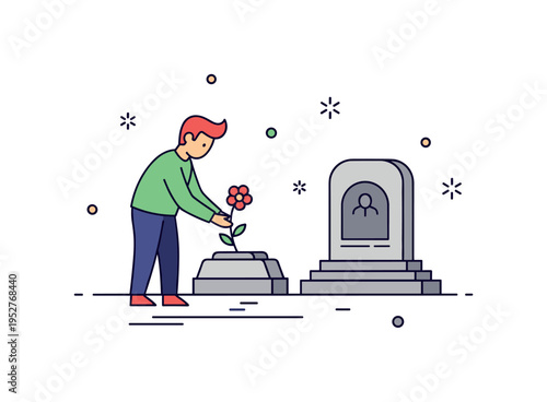 Memorial site visitation featuring a quiet figure placing a small flower icon near a minimal stone structure, symbolizing tribute and collective memory. The