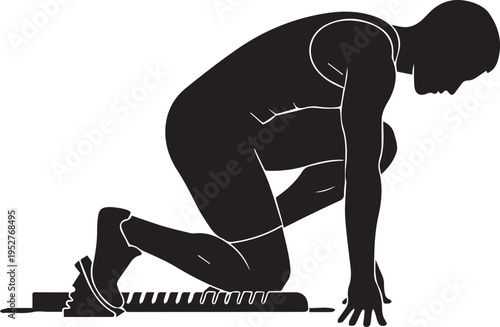 Black silhouette of a male sprinter in starting blocks, poised and focused at the starting line, ready for a race.