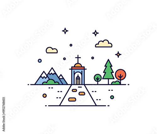 Pilgrimage through nature concept showing a small path leading toward a distant symbolic structure with mountain and tree accents, expressing spiritual journey
