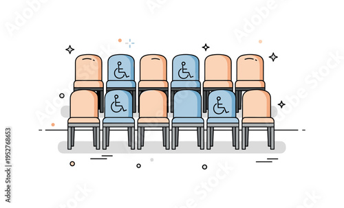 Accessible seating arrangement illustrated by neatly aligned chairs with designated wheelchair spaces clearly marked, expressing fairness and visibility in