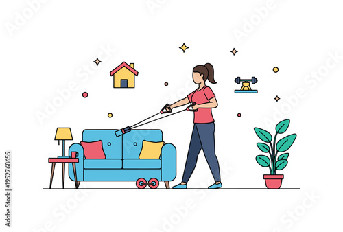 Home workout motivation with a person using resistance bands in a cozy living room, cheerful and engaging, emphasizing accessibility and consistency.