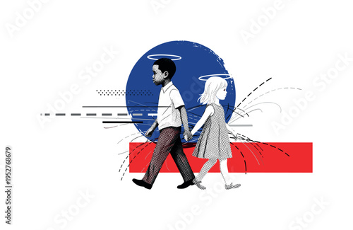 Black and white siblings walking side by side holding hands, deep blue circular halo behind their upper bodies, red rectangular block intersecting lower