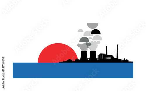 Black and white energy plant skyline simplified into strong silhouettes, oversized red semicircle low on the horizon, cobalt blue horizontal band defining