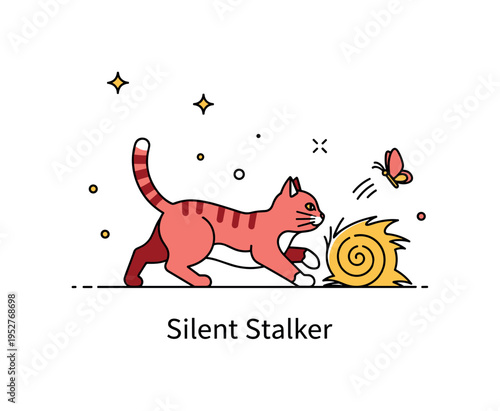 Barn cat playful hunting moment illustrated by a cat figure crouched beside a minimal hay bale with a small butterfly icon nearby, conveying alertness and