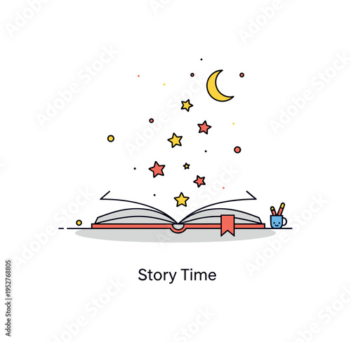 Childrens storybook magical bedtime scene with an open book and tiny stars rising from the pages toward a small crescent moon, expressing imagination and