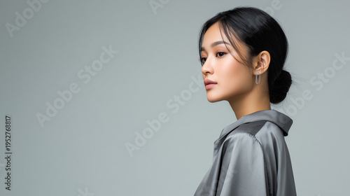 Young Asian woman posing thoughtfully in gray clothing  
