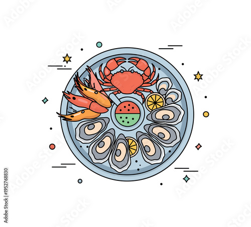 Seafood platter restaurant special theme showing a neatly arranged dish with crab claws, oysters, and a small dipping sauce bowl at the center. A clean
