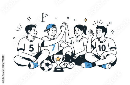 Celebrating team success. Players sharing a quiet celebratory moment after a win, relaxed smiles and raised hands. Positive achievement mood without excessive