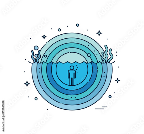Ocean depth immersion badge featuring a small human silhouette centered within layered circular water gradients, expressing scale and quiet presence beneath