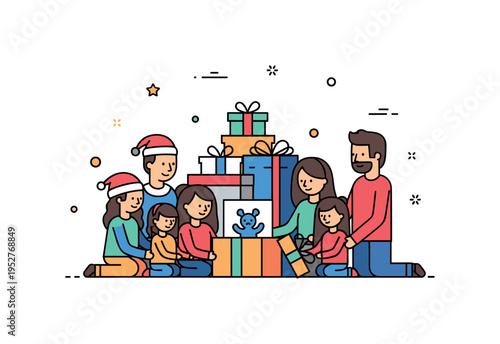 Christmas morning family moment small group gathered around a stack of wrapped presents, one box open revealing a simple toy silhouette inside. A cozy concept