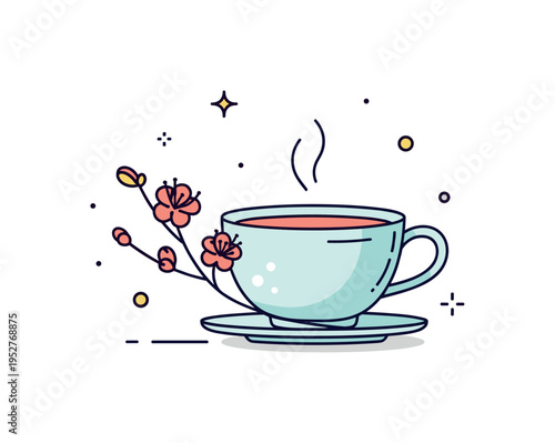 Seasonal tea appreciation teacup with a small branch of blossoms beside it, expressing harmony between nature and daily practice. A soft and balanced concept