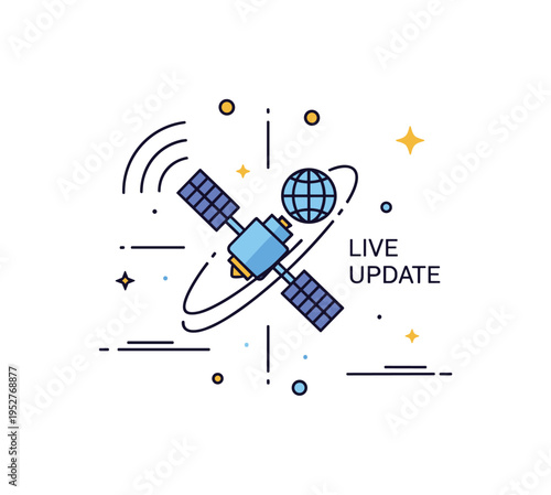 Digital broadcasting worldwide represented by a satellite orbiting a small earth symbol with clean signal lines radiating outward. A subtle ?Live Update? text