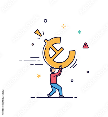 Debt burden illustration showing a small human figure carrying an oversized currency symbol, symbolizing financial stress and repayment pressure. Subtle motion