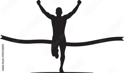 Silhouette of a triumphant runner crossing the finish line, arms raised in celebration of victory and achievement.