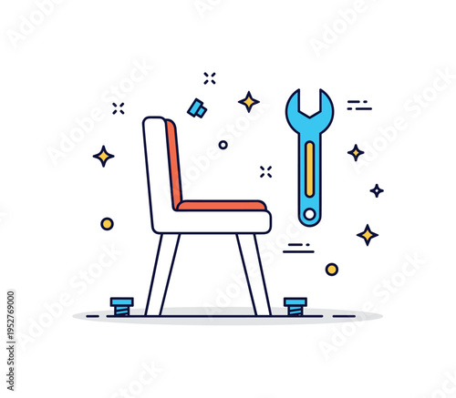 Furniture assembly at home concept illustrated by a simple chair outline with a wrench icon and small bolt details nearby. The composition reflects step by