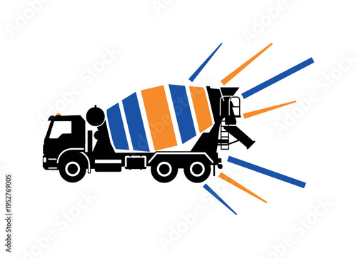 Black and white concrete mixer truck with rotating drum stylized into concentric circular graphics, cobalt blue and bright orange flat accent blocks