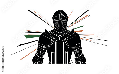 Black and white medieval knight armor silhouette, metallic plates translated into bold geometric panels and cylinders, abstract linear elements radiating