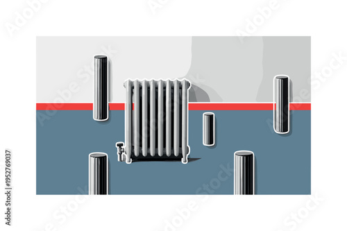Black and white retro radiator placed against plain white wall, large muted blue rectangle framing lower half, thin red horizontal stripe dividing composition,