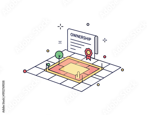 Digital land ownership concept centered on a glowing plot outlined on a virtual grid with a small certificate icon labeled Ownership, symbolizing verified
