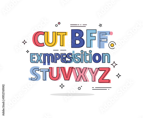 Artistic cutout typography concept centered on bold layered letters with offset shapes and subtle sparkle accents, symbolizing expressive communication and