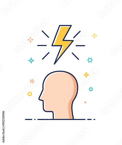 Shock of understanding illustrated by a lightning bolt striking above a calm head silhouette, expressing sudden awareness and powerful realization. A bold