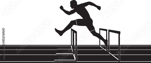 Black silhouette of a male athlete jumping over hurdles on a track, symbolizing challenge and success in sports.