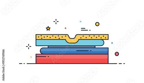 Layered surface cross section centered on stacked horizontal shapes slightly offset to reveal depth, symbolizing structure, construction, and