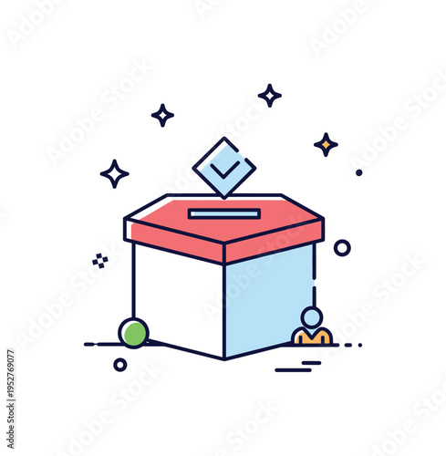 Civic duty ballot box with a small check symbol hovering above it and subtle star accents. A compact editorial illustration about participation, fairness and