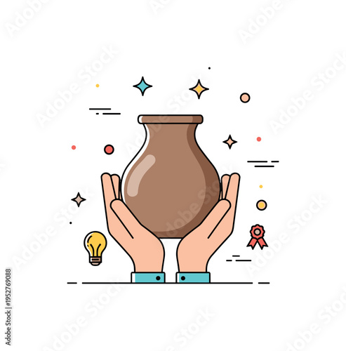 Creative transformation metaphor built around hands lifting a newly shaped clay vessel with subtle star accents, symbolizing growth and making ideas tangible.