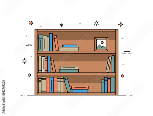 Wooden bookshelf interior warm toned shelving with neatly arranged volumes and a small framed picture, expressing timeless design and intellectual comfort.