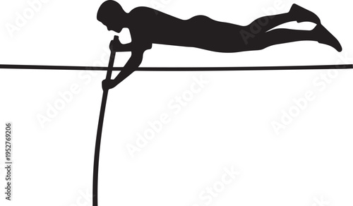 Dynamic silhouette of a pole vaulter in mid-air, clearing the bar during an athletic event, isolated on white.