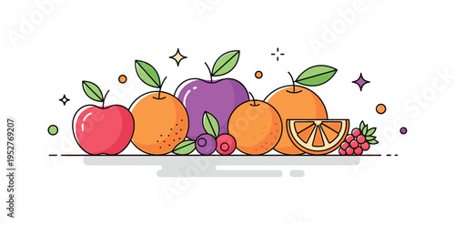 Organic fruit assortment display illustrated by colorful apples, oranges and berries grouped in a balanced arrangement, symbolizing vitamins and natural