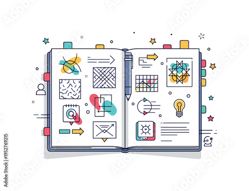 Open notebook featuring sketches of abstract patterns, arrows, and icons with colorful highlights, representing brainstorming, planning, and creativity.