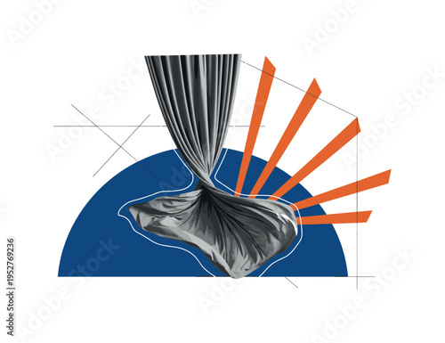 Black and white flowing curtain lifted by wind through open window, large electric blue sun-like disc behind intersected by sharp orange diagonal bar