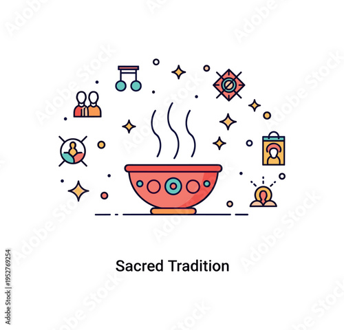 Rituals and customs cultural tradition concept illustrated by a central ceremonial bowl with gentle smoke lines rising above, surrounded by small symbolic