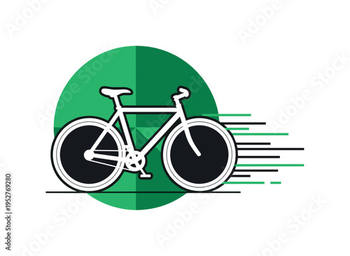 Black and white bicycle viewed from side profile, bold green geometric circle behind it symbolizing sustainability, thin horizontal lines suggesting motion