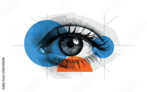 Black and white macro-style eye in sharp focus, oversized blue circular forms radiating outward like blurred light reflections, orange semicircle accent near